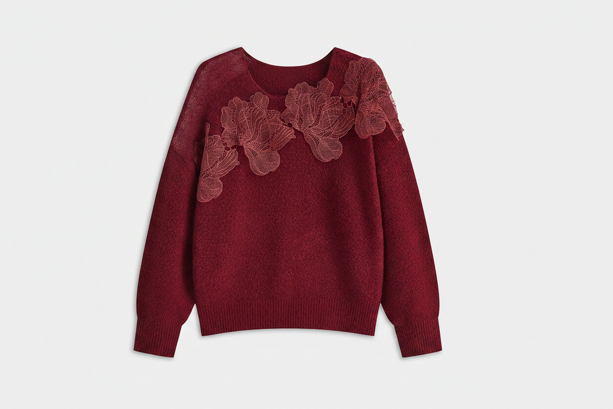 Lace Bloom Floral Semi-Sheer Round Neck Sweater