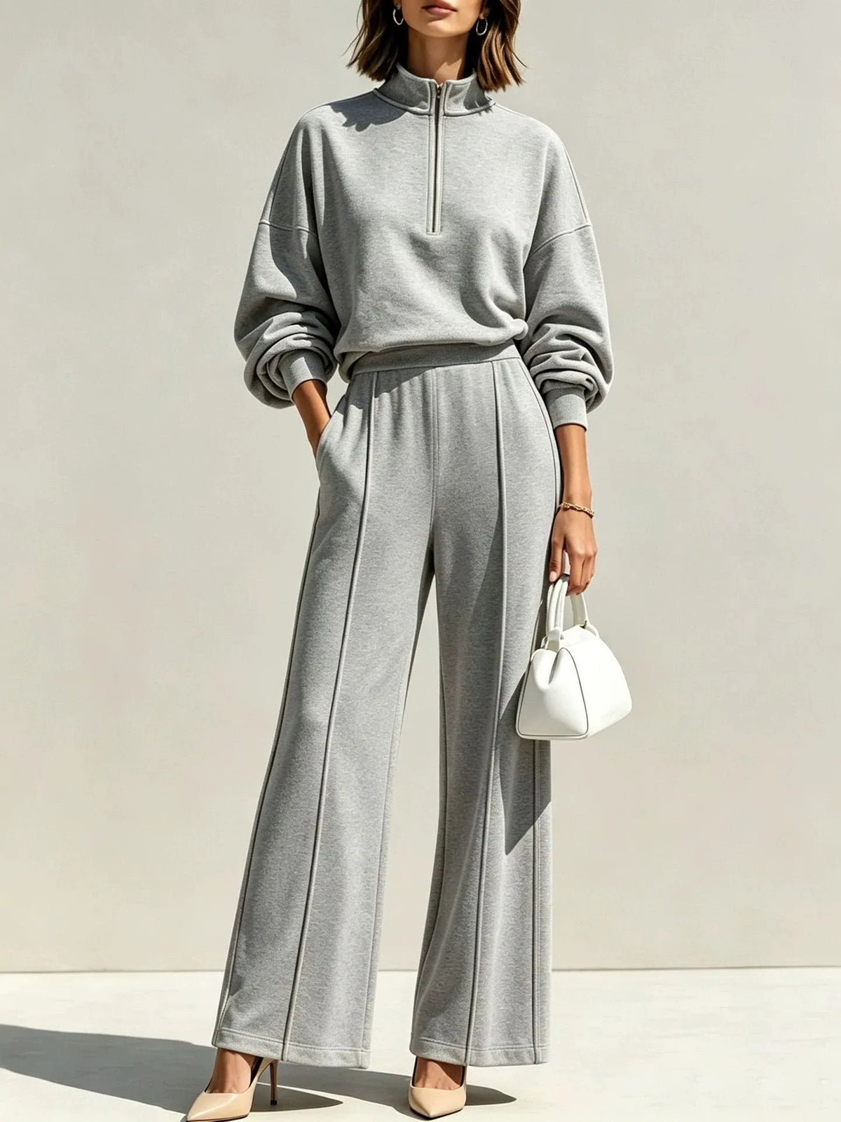 Athens High Waist Wide Pants & Half Zip Sweater Set
