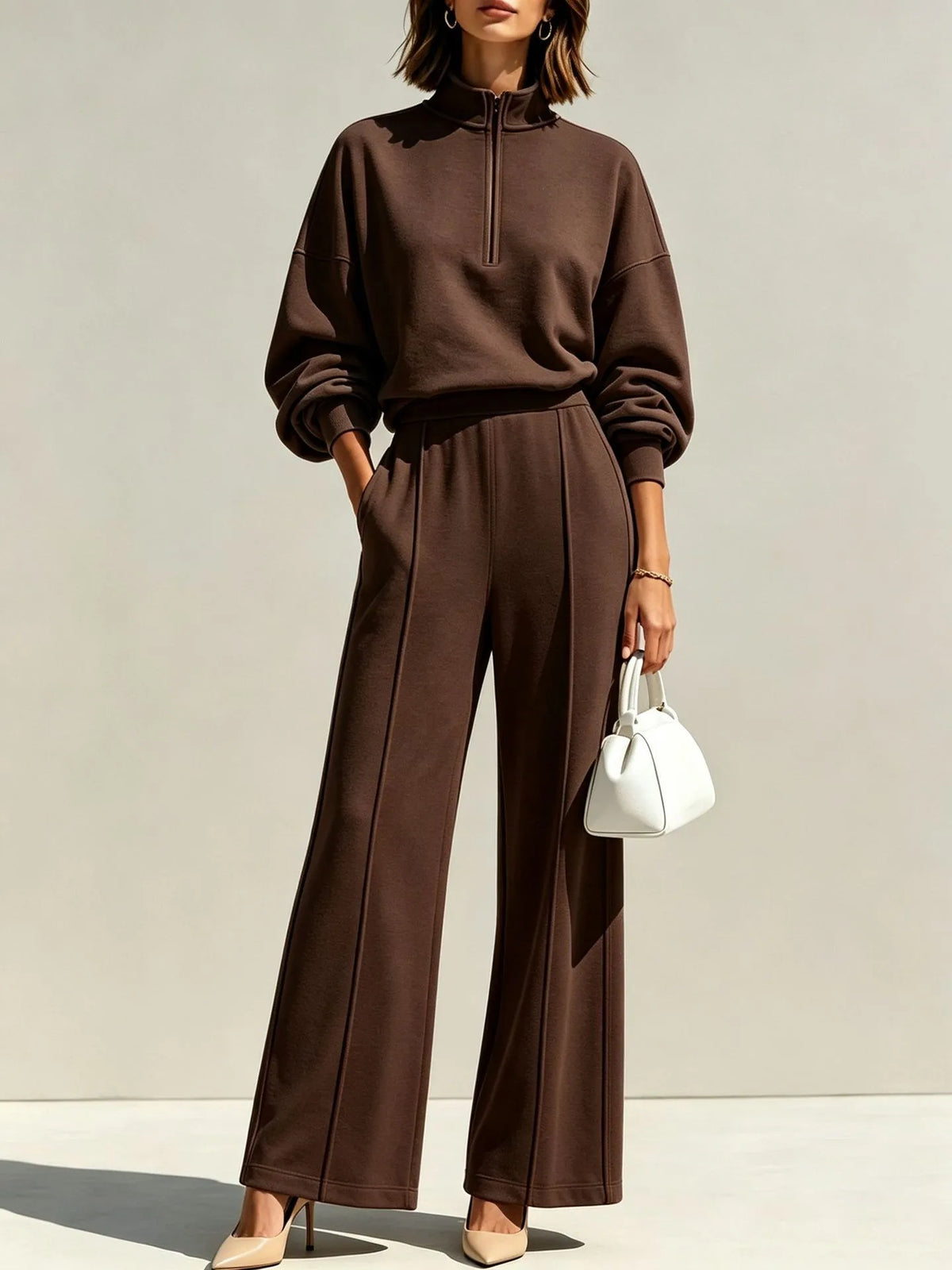Athens High Waist Wide Pants & Half Zip Sweater Set