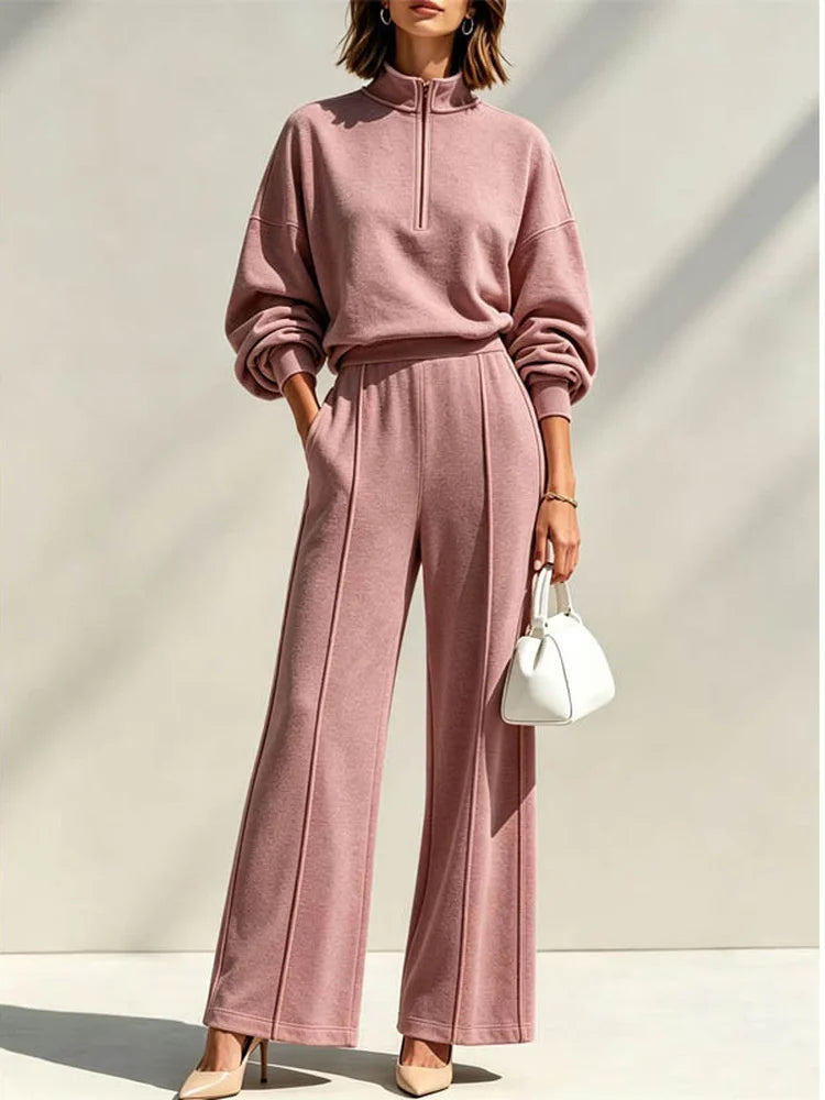 Athens High Waist Wide Pants & Half Zip Sweater Set