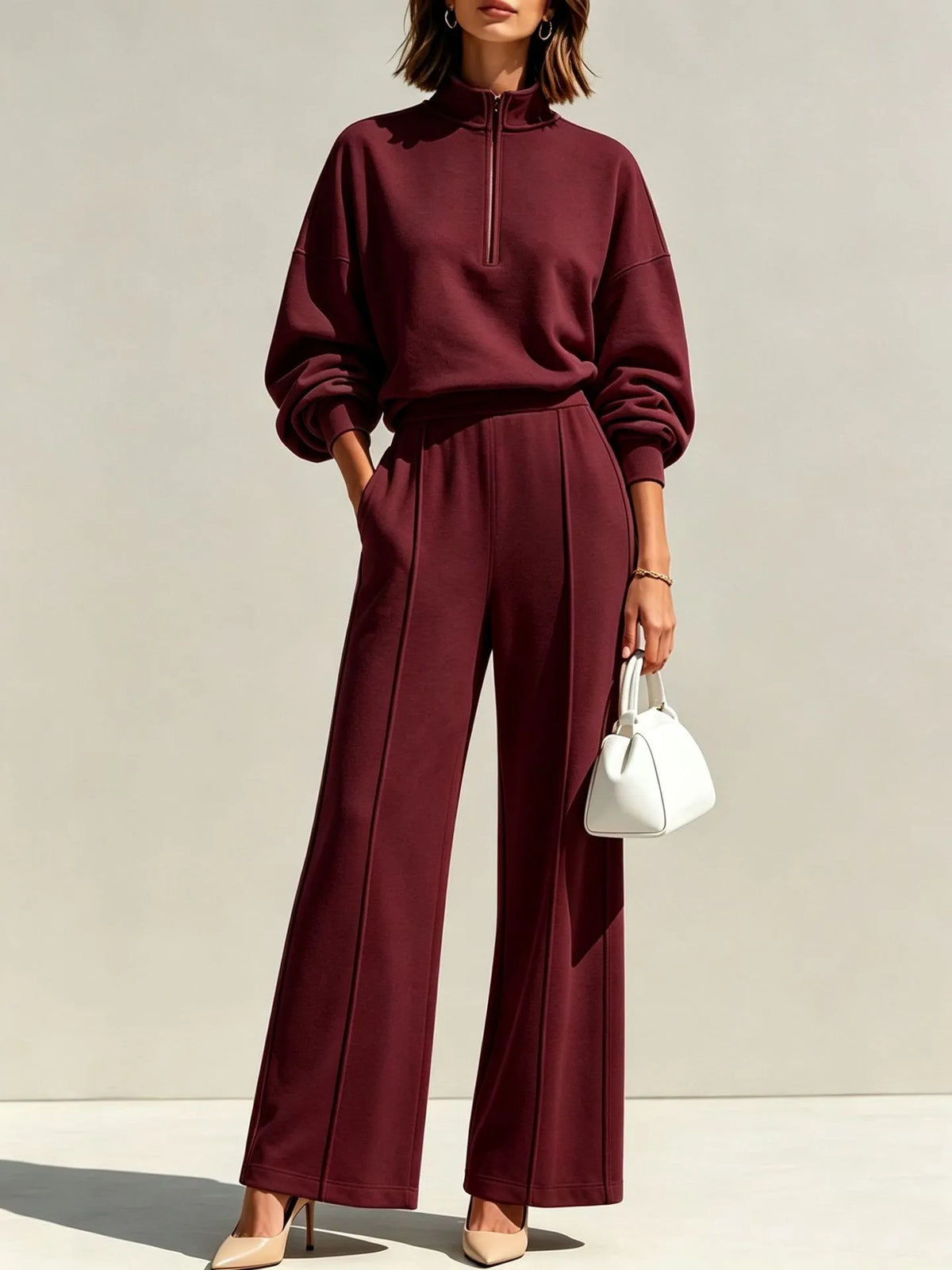 Athens High Waist Wide Pants & Half Zip Sweater Set