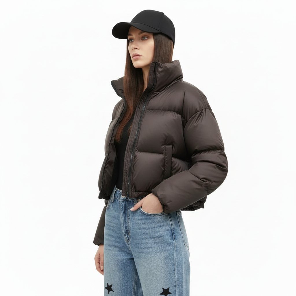 Brown jacket, side-profile pose