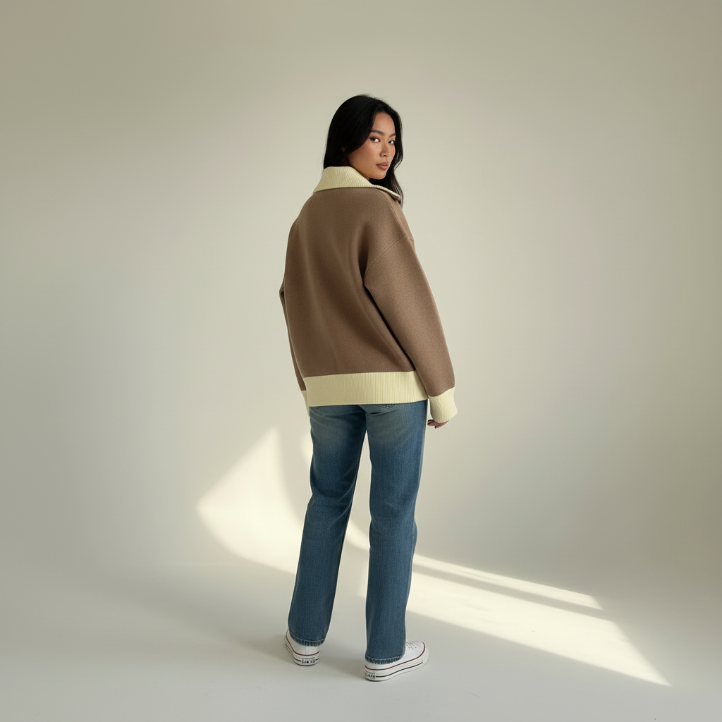 Brown knit zip-up, back