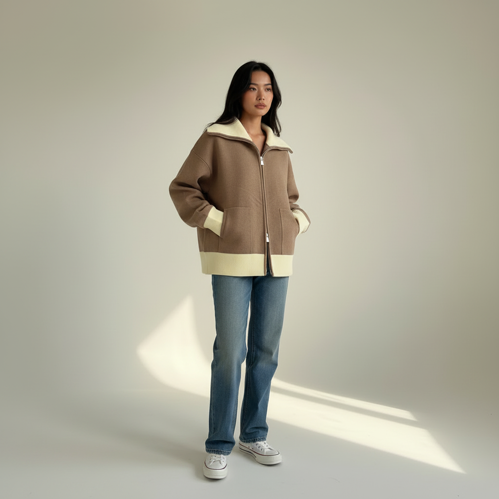 Brown knit zip-up, three-quarter