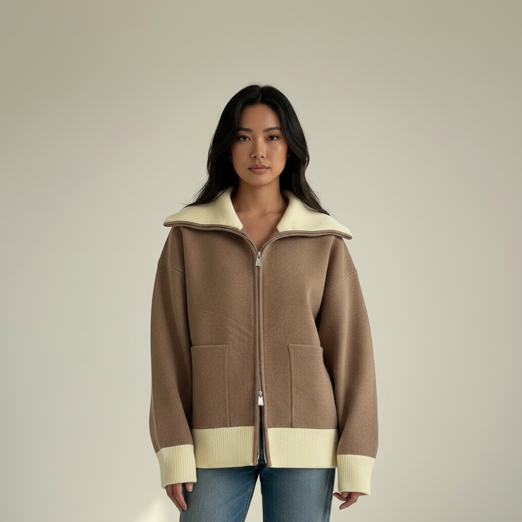 Brown knit zip-up, upper body main image