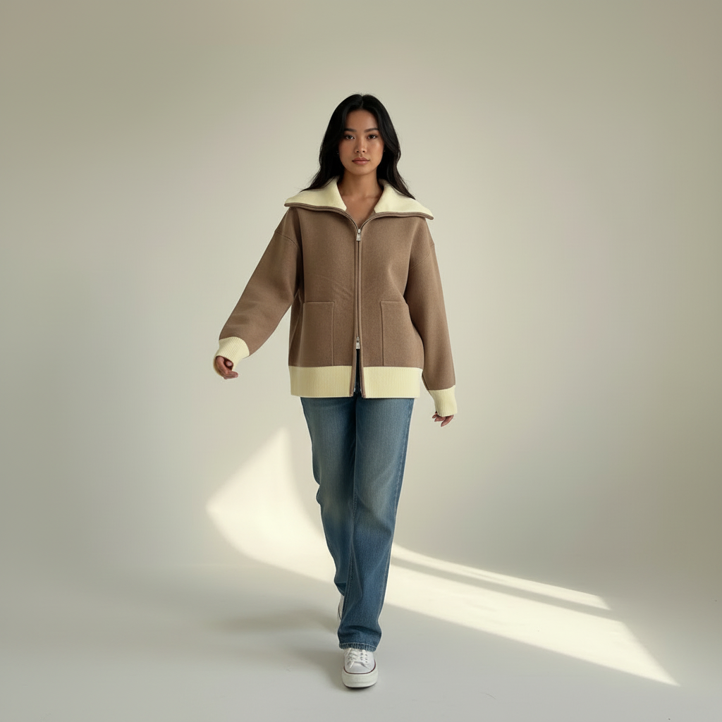 Brown knit zip-up, walking