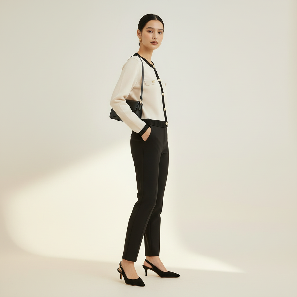 Cream cardigan, three-quarter