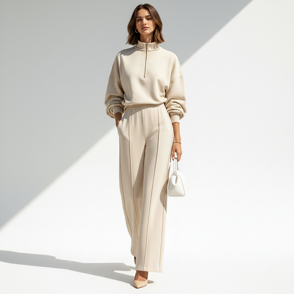 Cream set, real white studio, walking