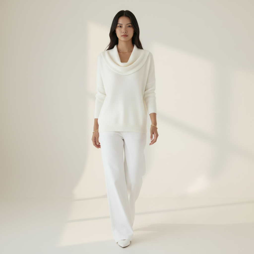 Ivory cowl neck, walking