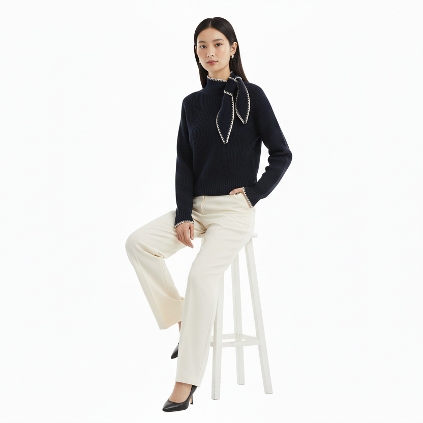 Navy sweater seated editorial