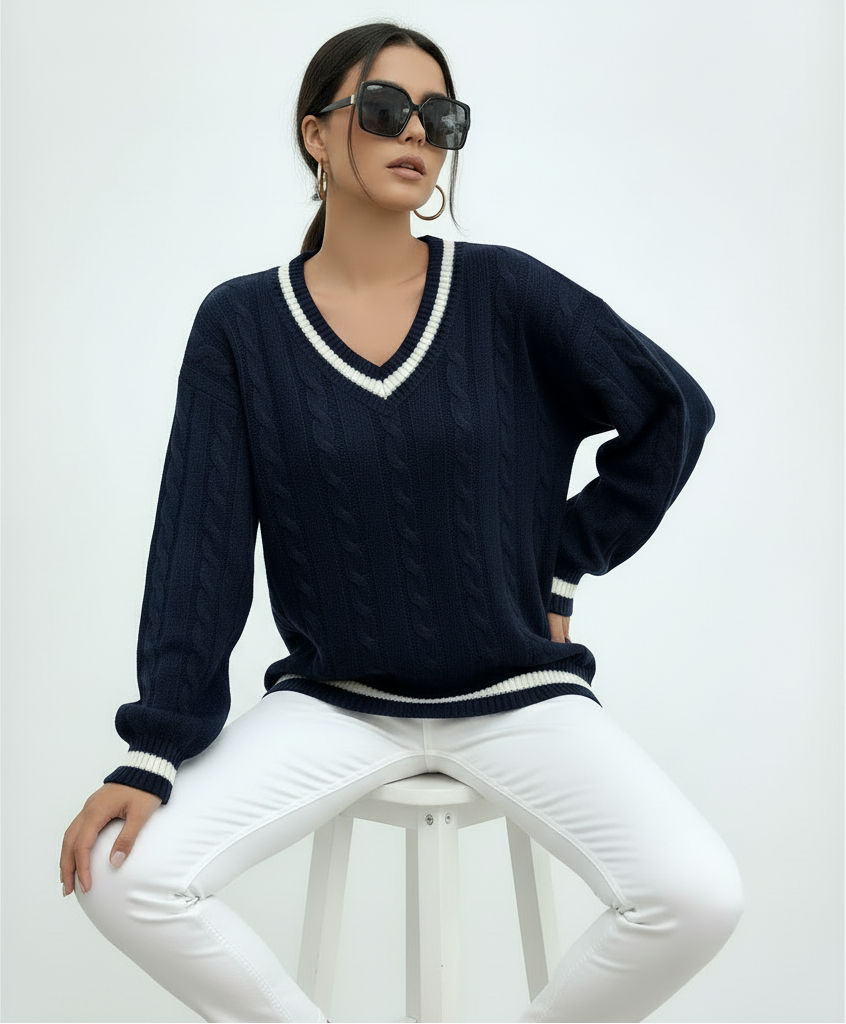 Navy sweater, seated leaning forward