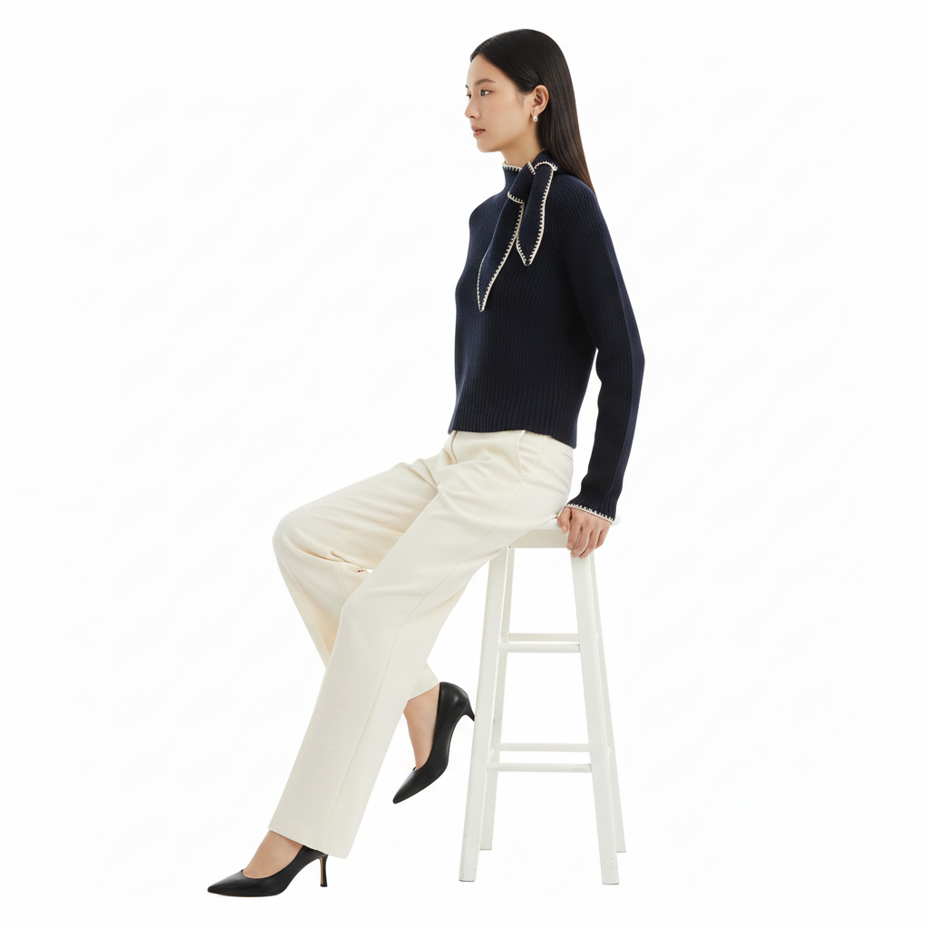 Navy sweater side-profile seated editorial