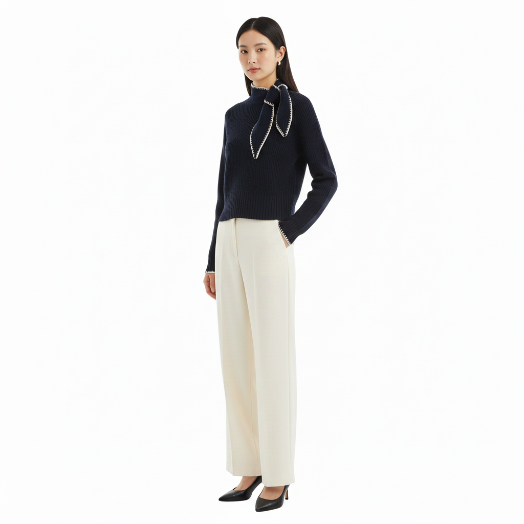 Navy sweater three-quarter standing editorial