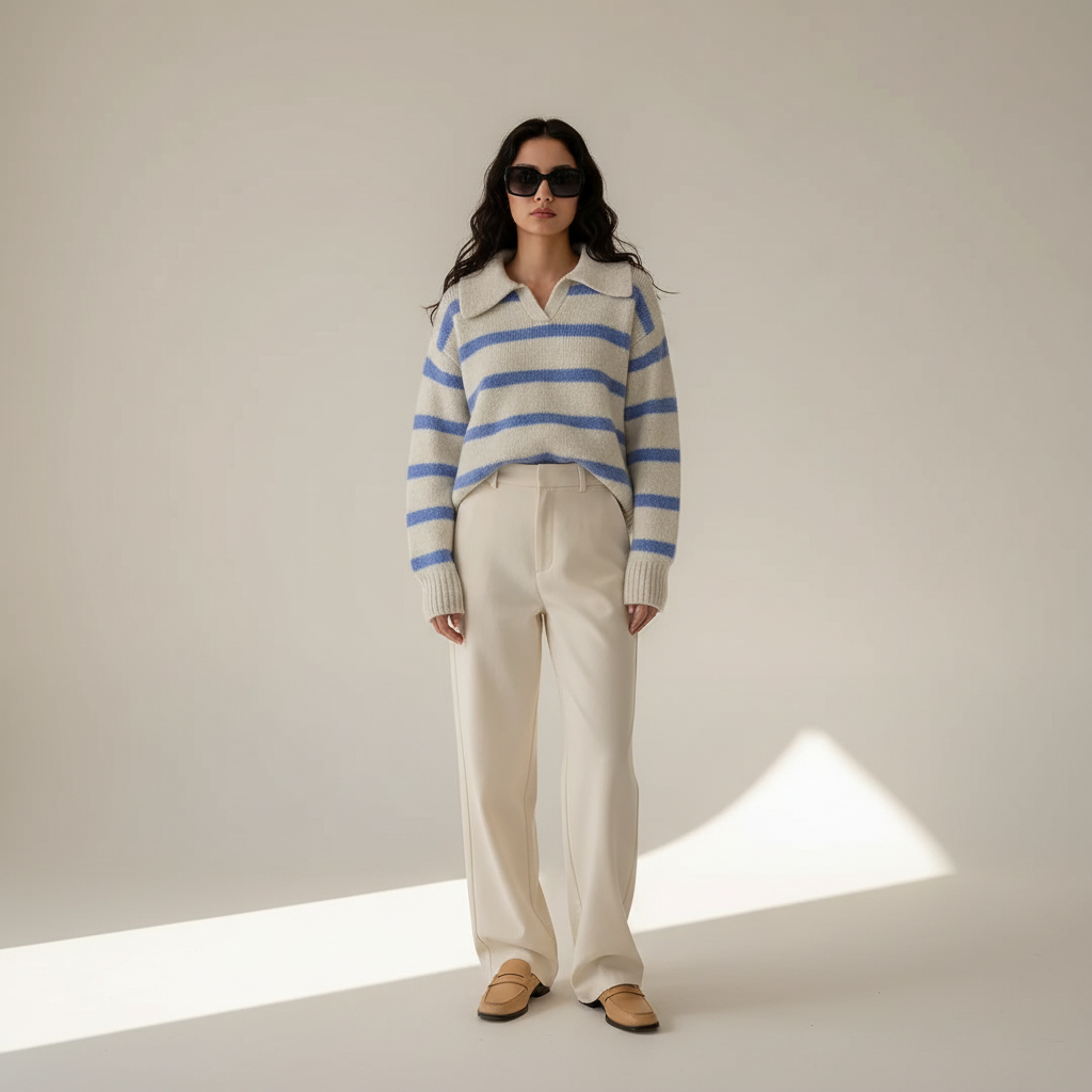 Striped polo sweater, front