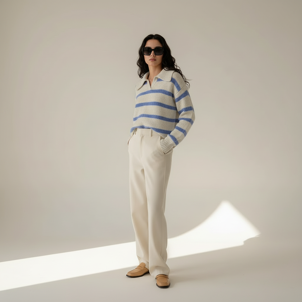 Striped polo sweater, three-quarter