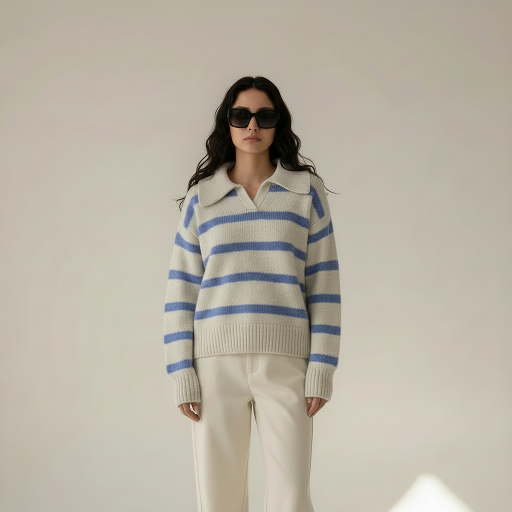 Striped polo sweater, upper body untucked