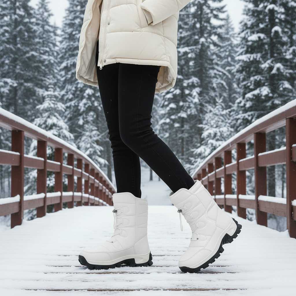 White boots realistic snowy bridge